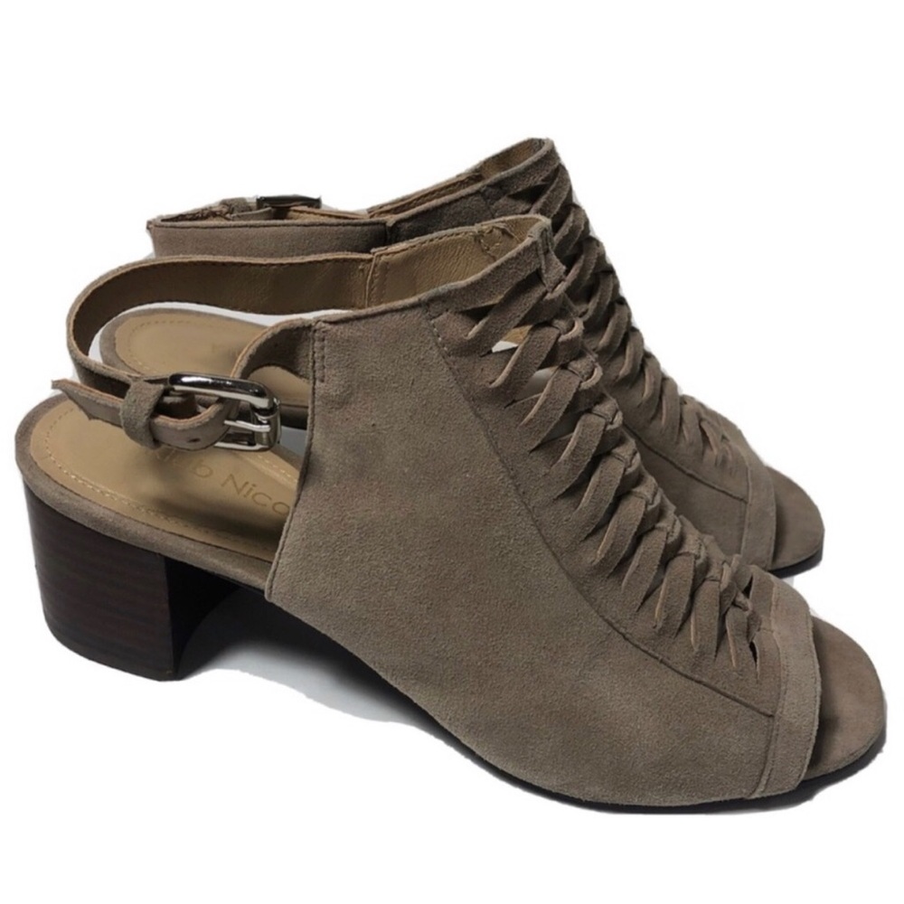 Klub Nico Anthropologie taupe suede peep toe heel sandals. Size 8.